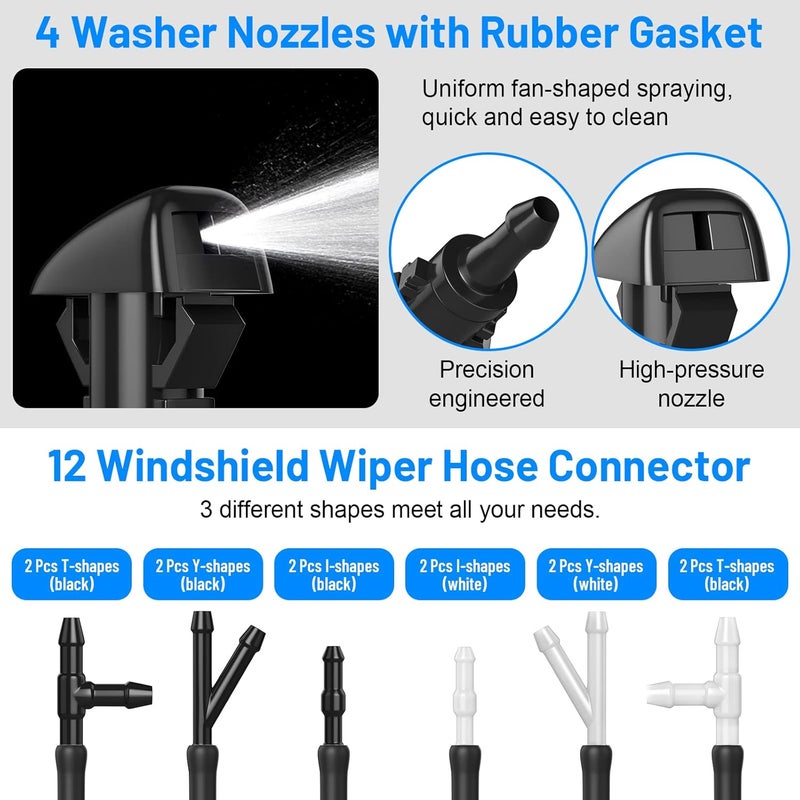 Comkrivy 52 in 1 Windshield Washer Nozzles Kit, Replacement for Chrysler, Dodge, Jeep, Ram - 4 Sprayer Nozzles, 157 Inch Fluid Hose, 12 Hose Connectors, 30 Hood Retainers - Image 4